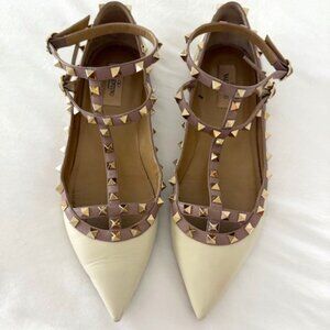 Valentino Garavani cream and tan Rockstud Flats